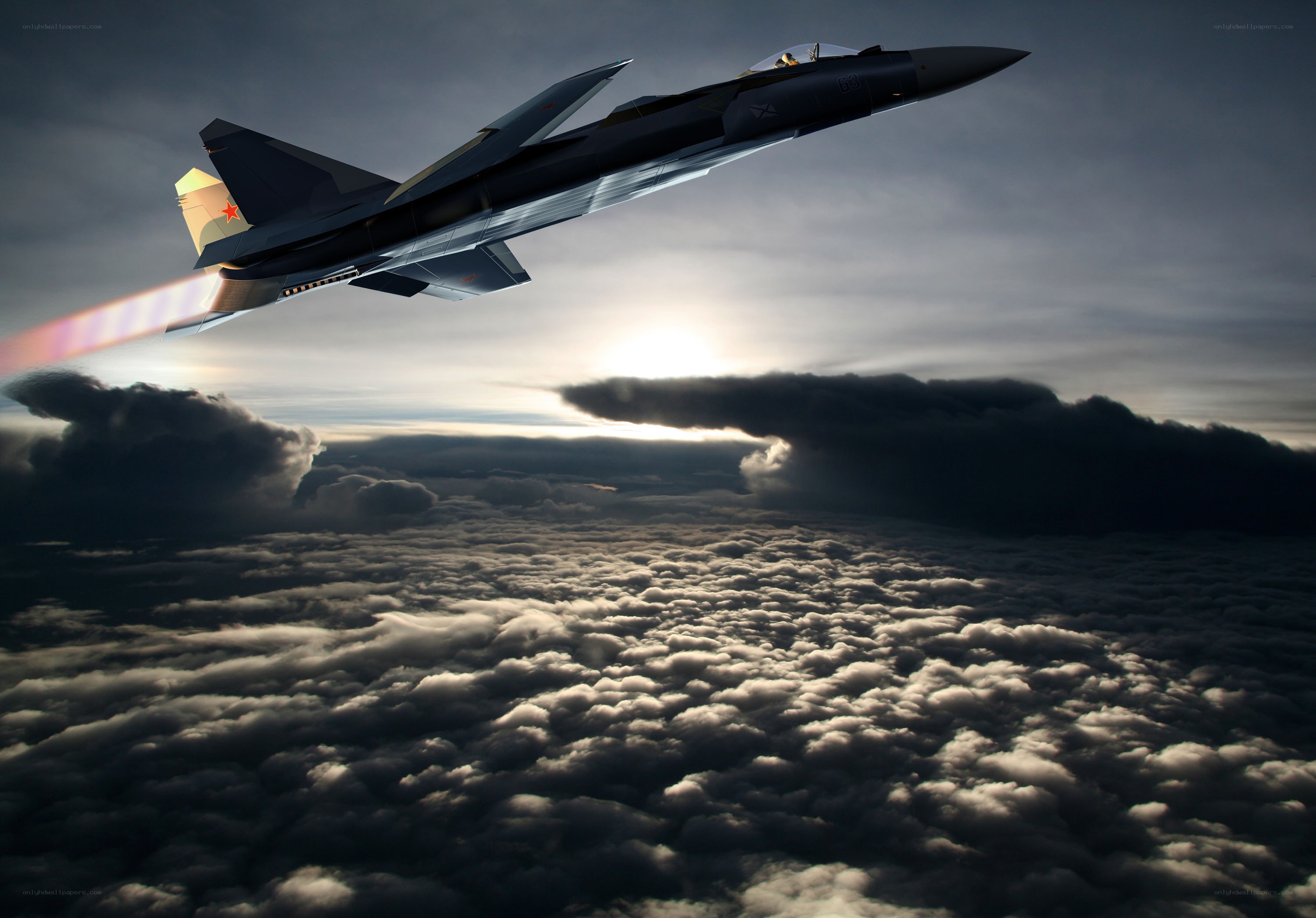 Jet fighter above clouds