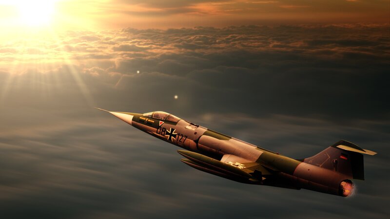 Jet fighter at sunset