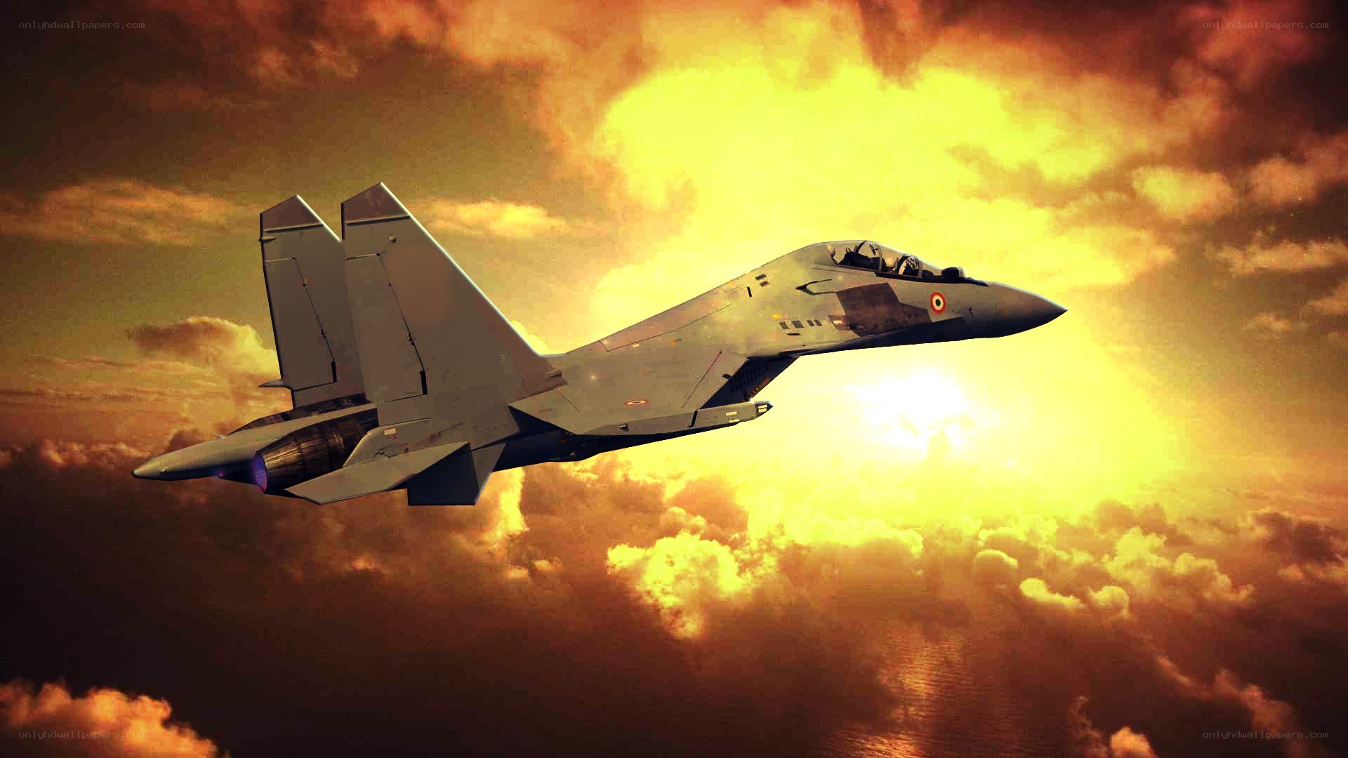 Jet fighter at sunset