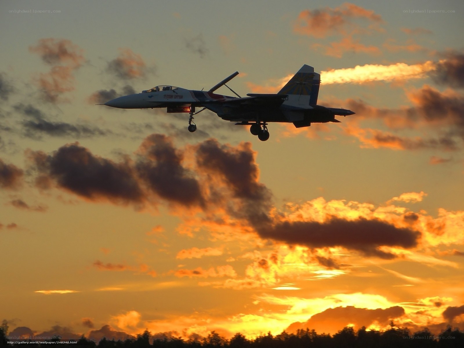 Jet fighter at sunset