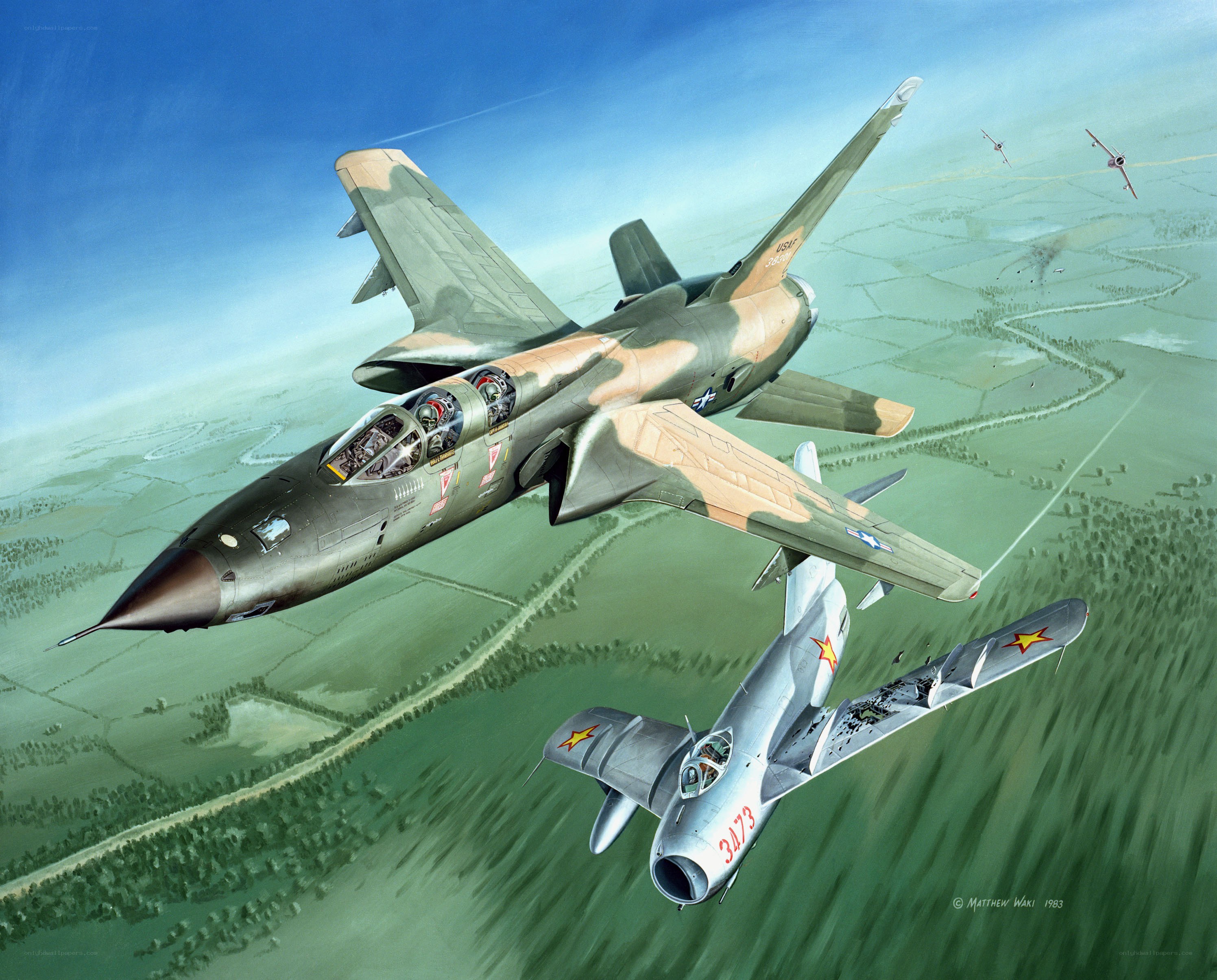 Jet fighter combat over farmland