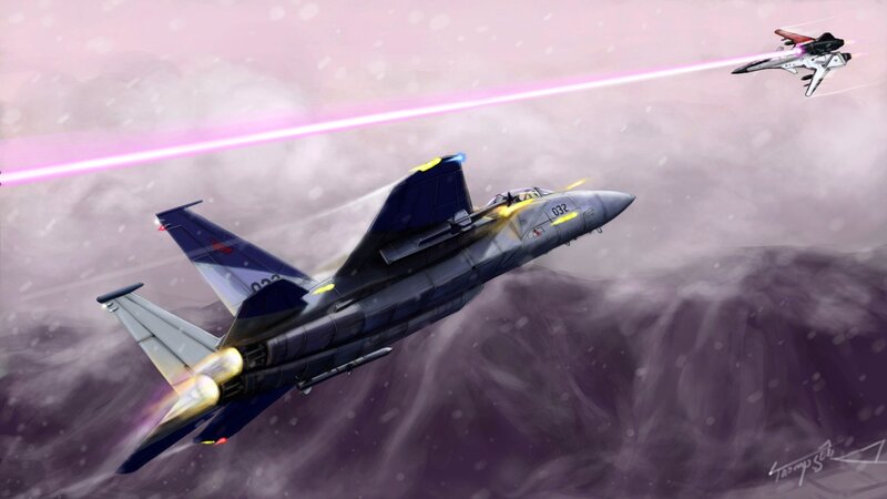 Jet fighter dogfight in clouds