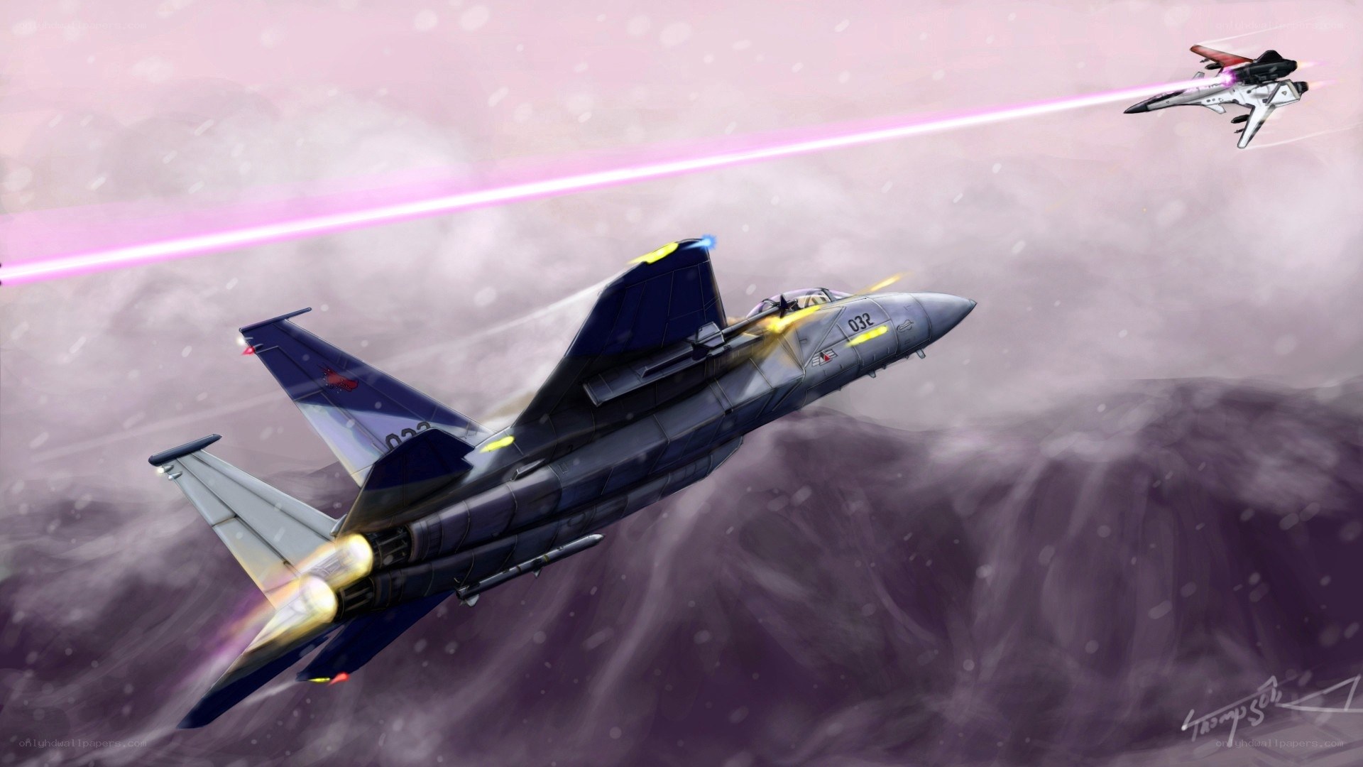 Jet fighter dogfight in clouds