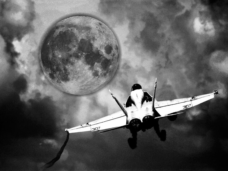 Jet fighter flying near the moon