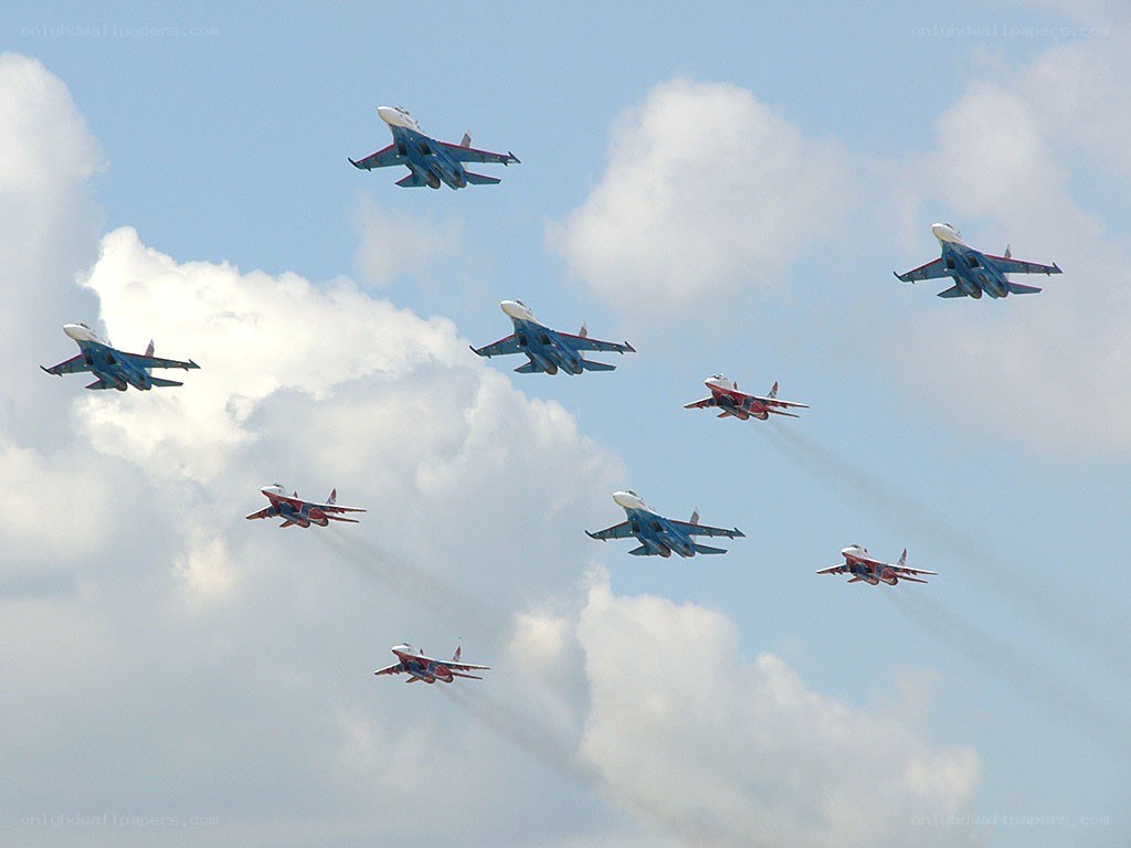 Jet fighter formation in sky