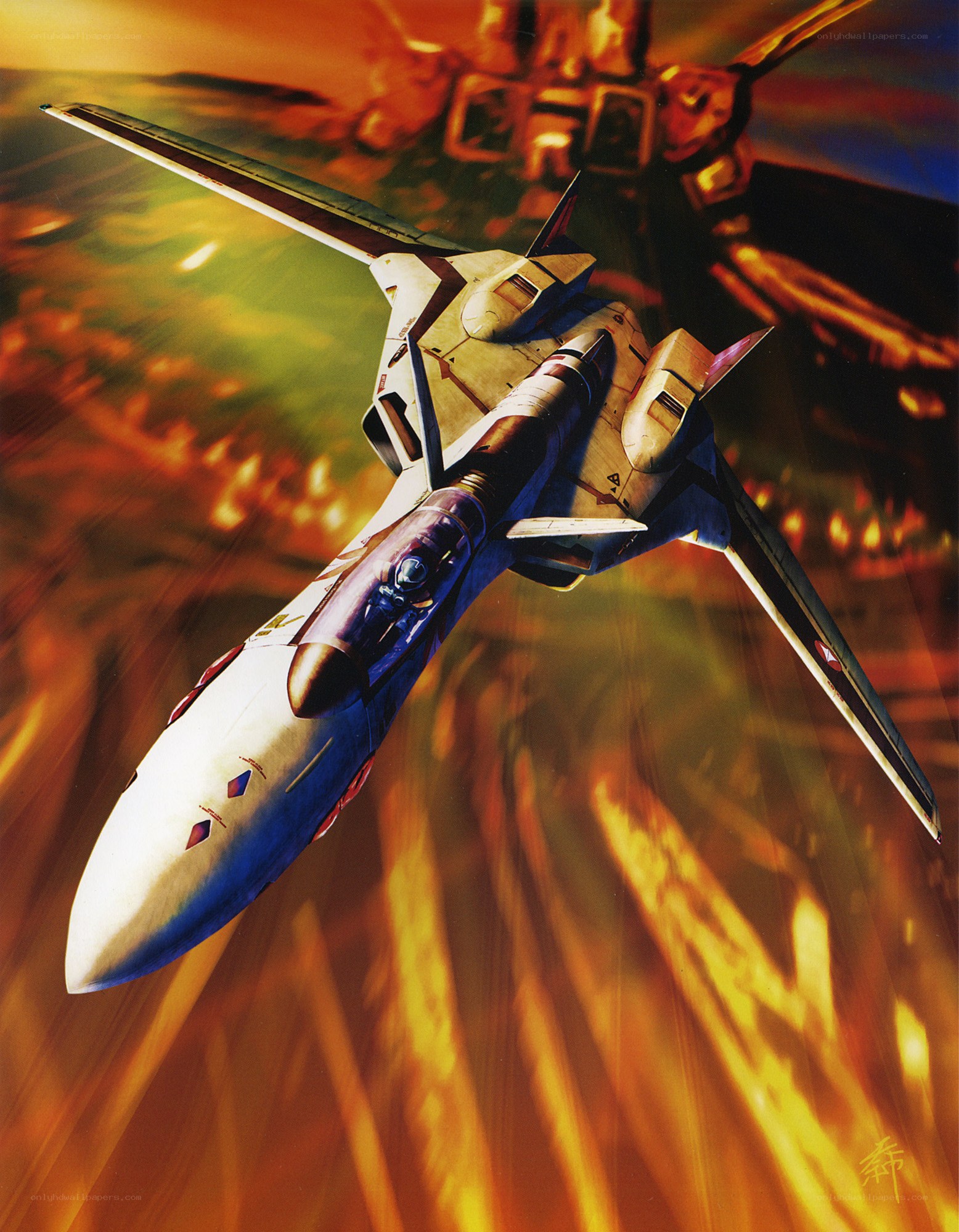 Jet fighter in fiery sky