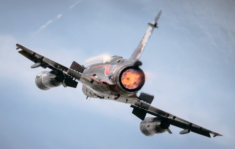 Jet Fighter in Flight — Blue, Dramatic, Photograph