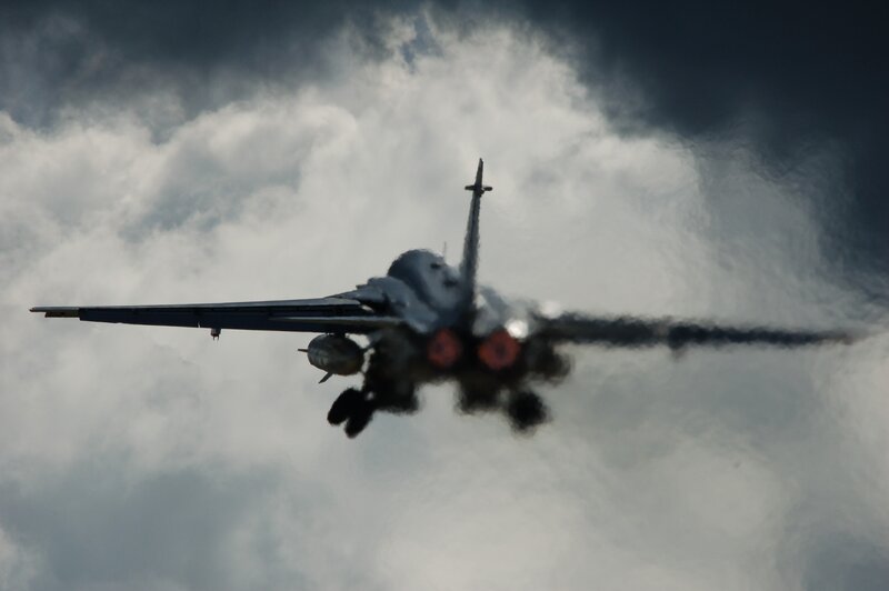 Jet Fighter in Flight — Gray, Dramatic, Photograph, Aircraft, Engine Exhaust