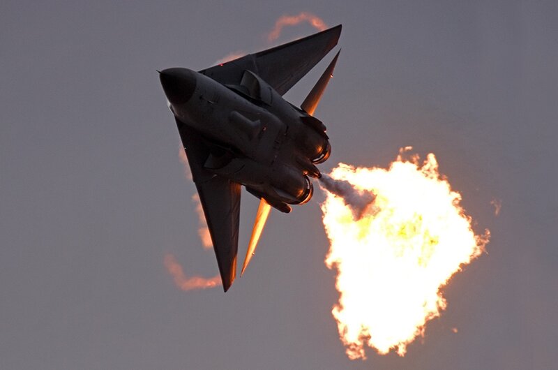 Jet Fighter in Flight — Gray, Dramatic, Sunset, Photograph