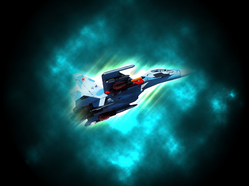 Jet fighter in glowing clouds