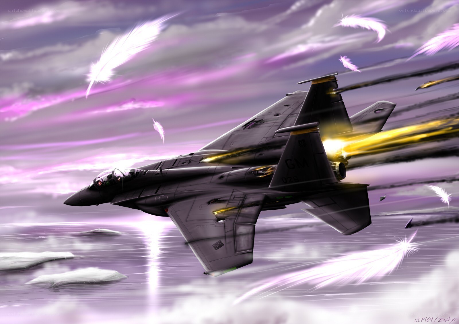 Jet fighter in purple sky