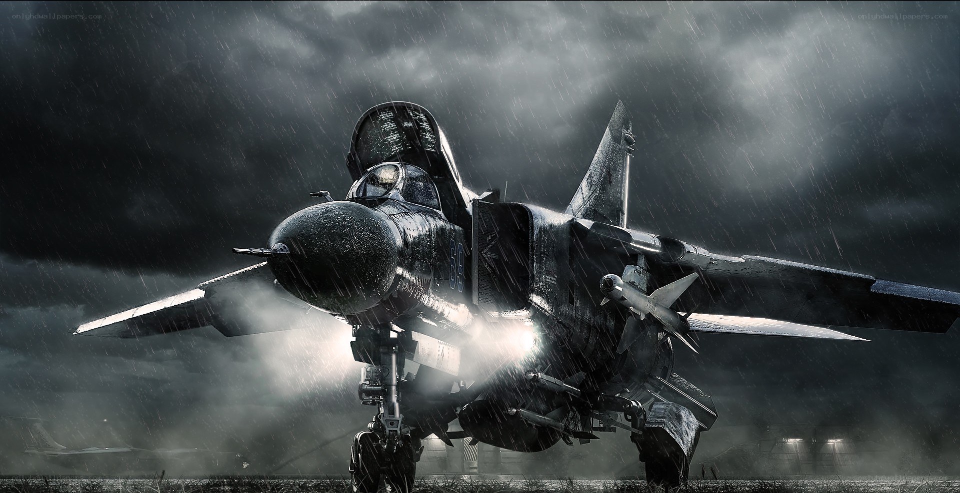 Jet fighter in stormy weather