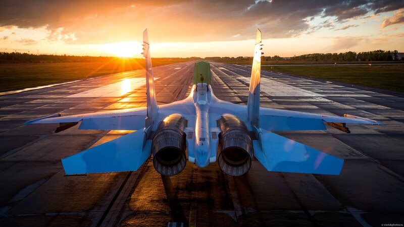 Jet Fighter on Runway — Blue
