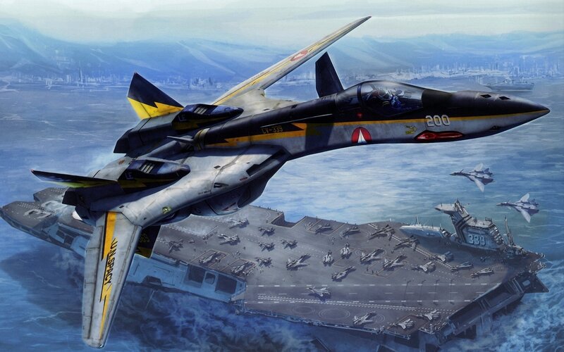Jet fighter over aircraft carrier