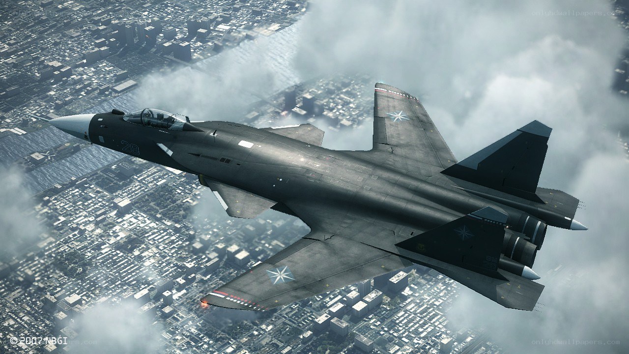 Jet fighter over city