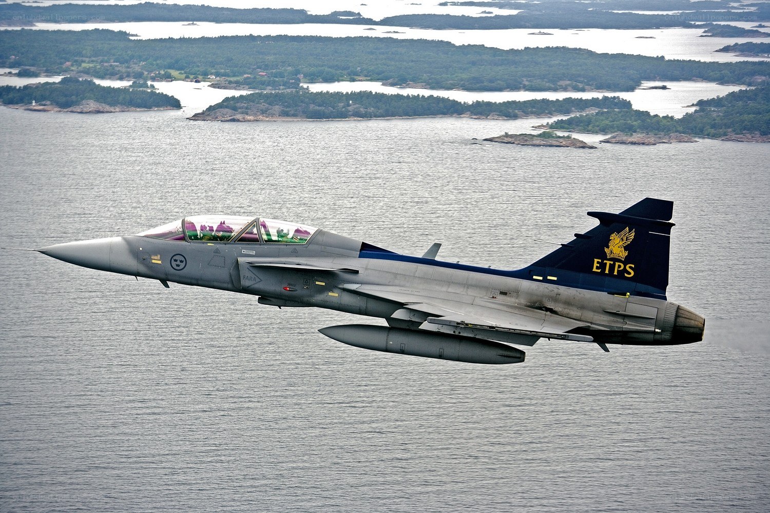 Jet fighter over coastal waters