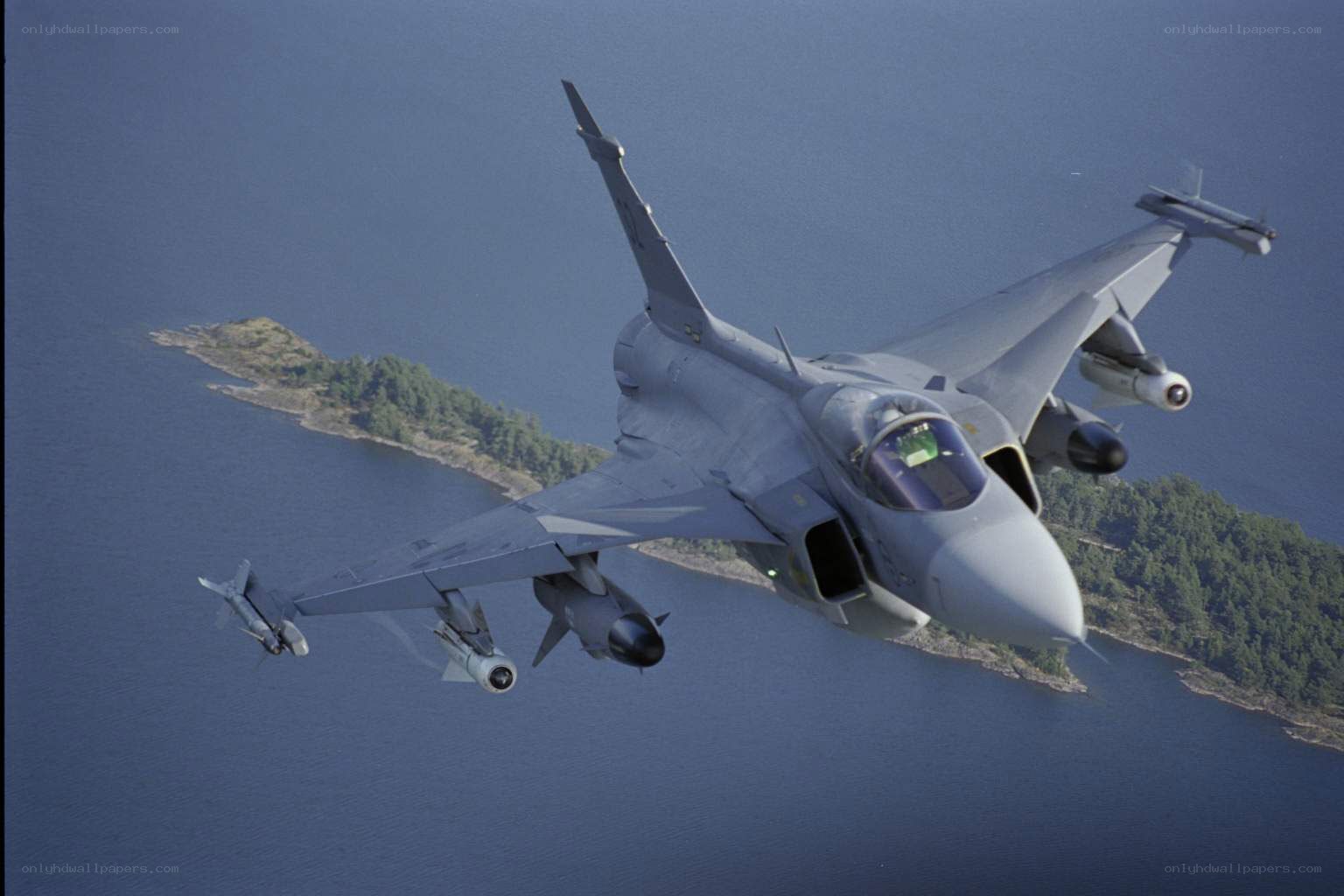 Jet fighter over coastal waters