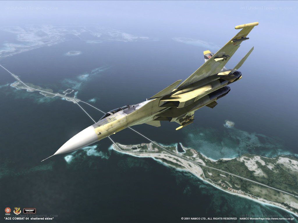 Jet fighter over islands