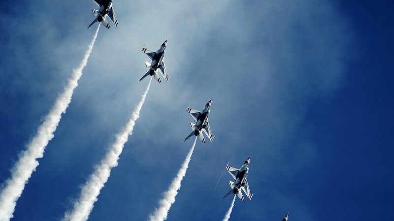 Jet Fighters in Formation — Blue, Dramatic, Afternoon, Photograph, Smoke Trails, Aircraft