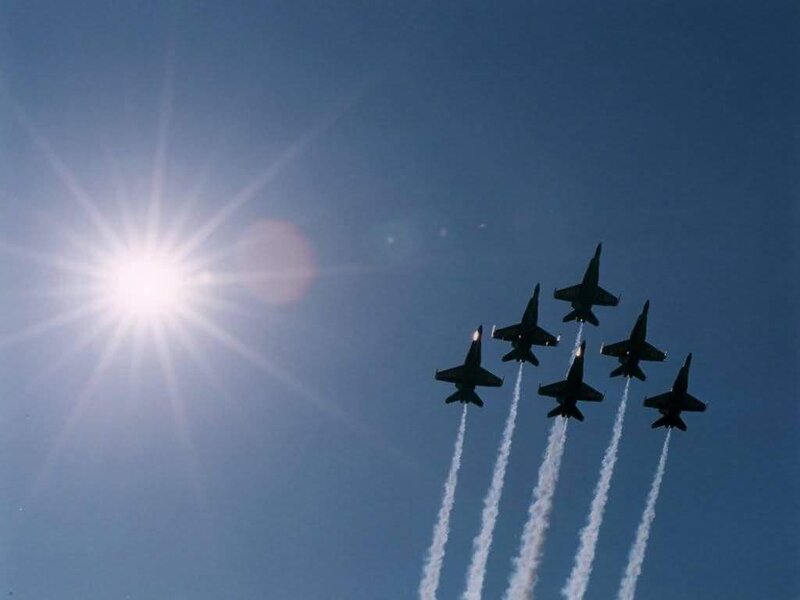 Jet Fighters in Formation — Blue, Dramatic, Afternoon, Photograph, Sun