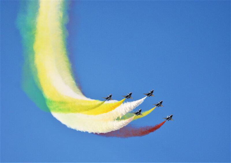 Jet Fighters in Formation — Blue, Dynamic, Afternoon, Photograph, Smoke Trails, Aircraft