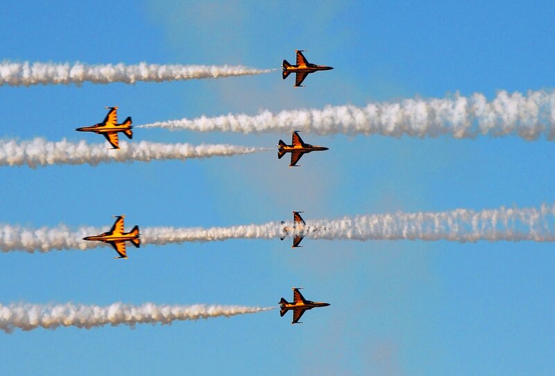 Jet Fighters in Formation — Blue, Dynamic, Afternoon, Photograph, Smoke Trails, Blue Sky, White