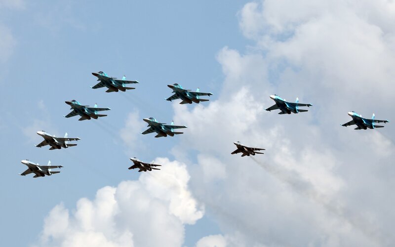 Jet Fighters in Formation — Blue, Dynamic, Afternoon, Photograph