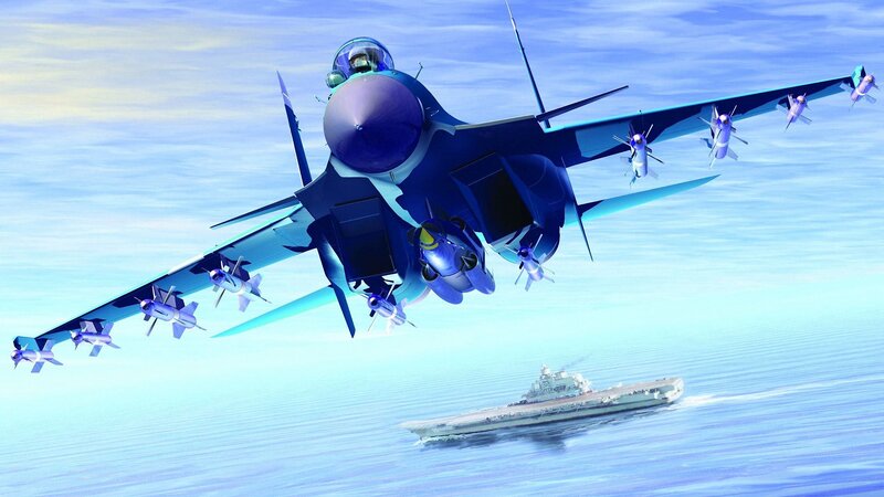 Jet fighters over aircraft carrier