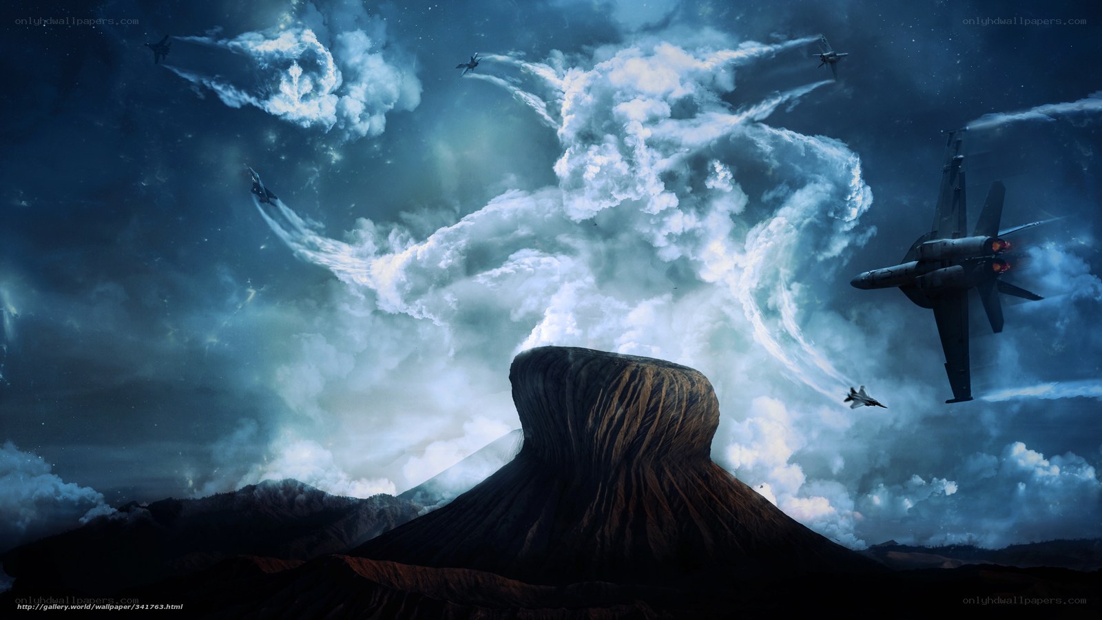 Jet fighters over volcanic eruption