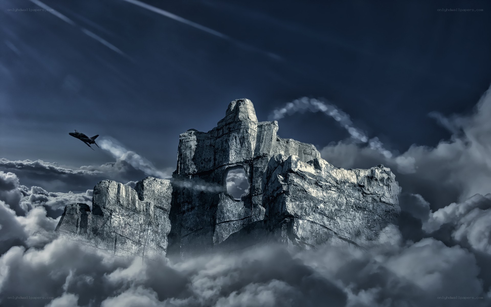 Jet flying near mountain peak