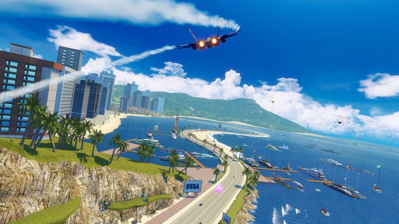 Jet flying over coastal city