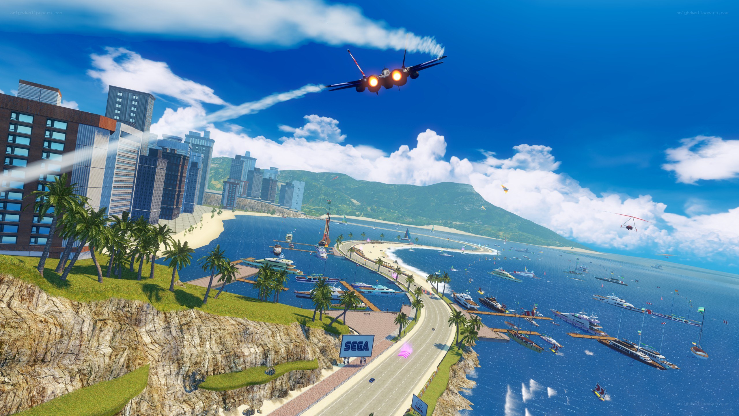 Jet flying over coastal city