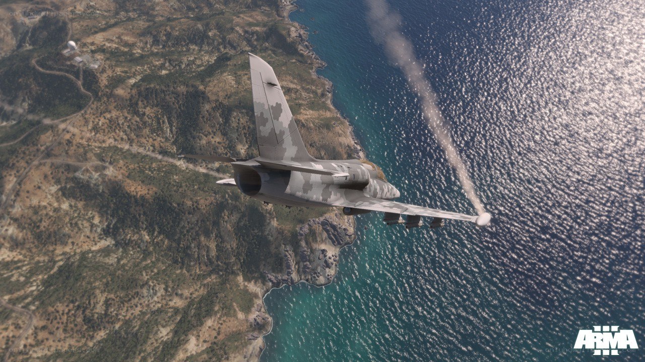 jet flying over coastline
