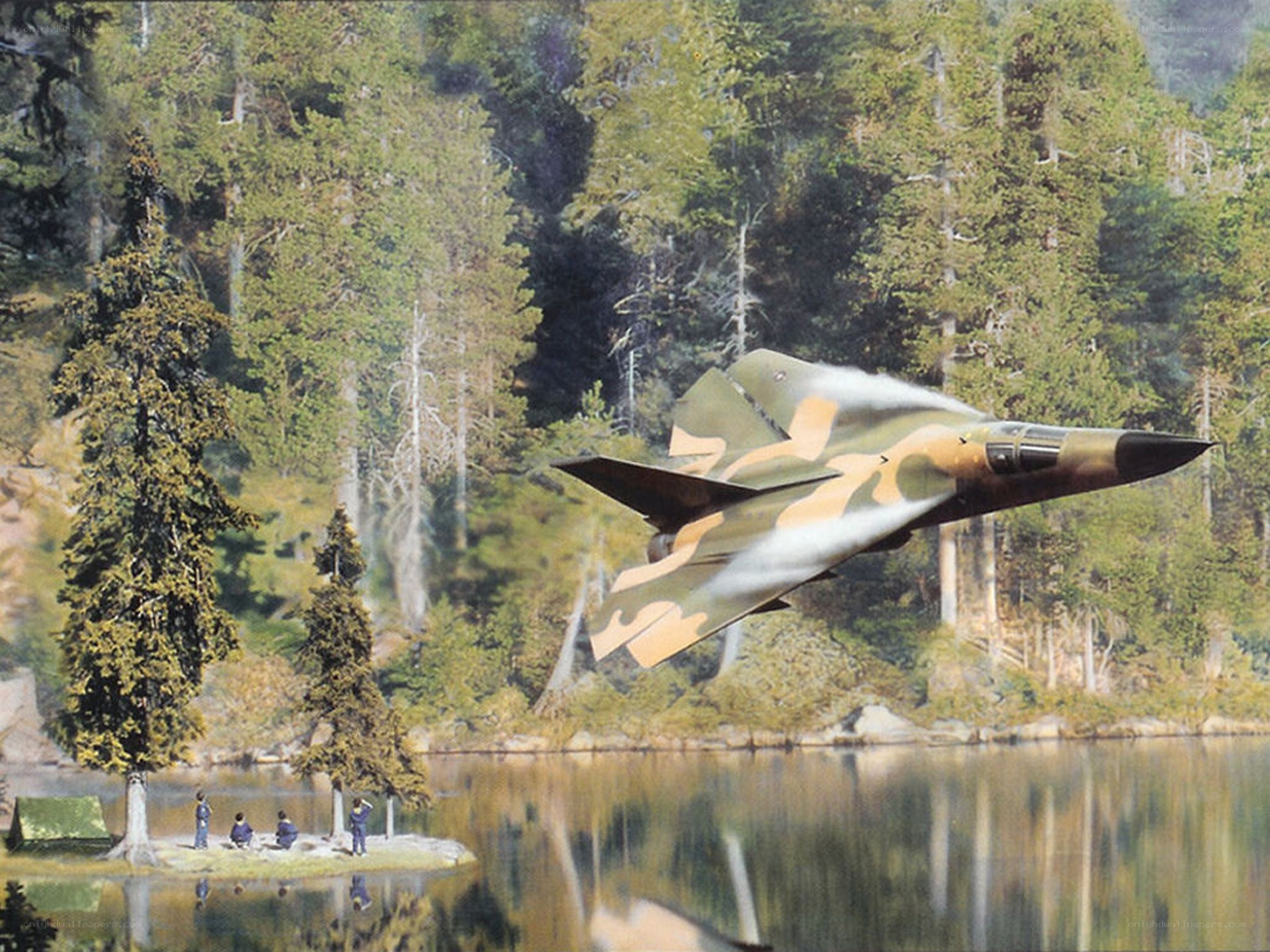 Jet flying over forest lake
