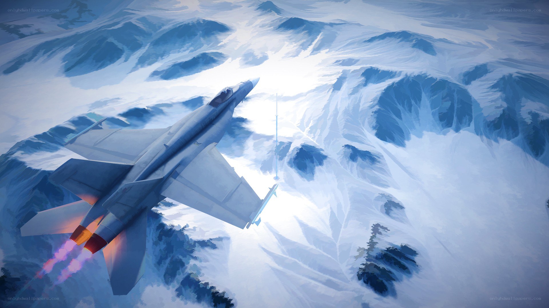 Jet flying over snowy mountains