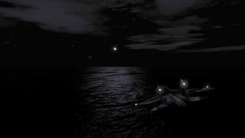Jet over dark water at night