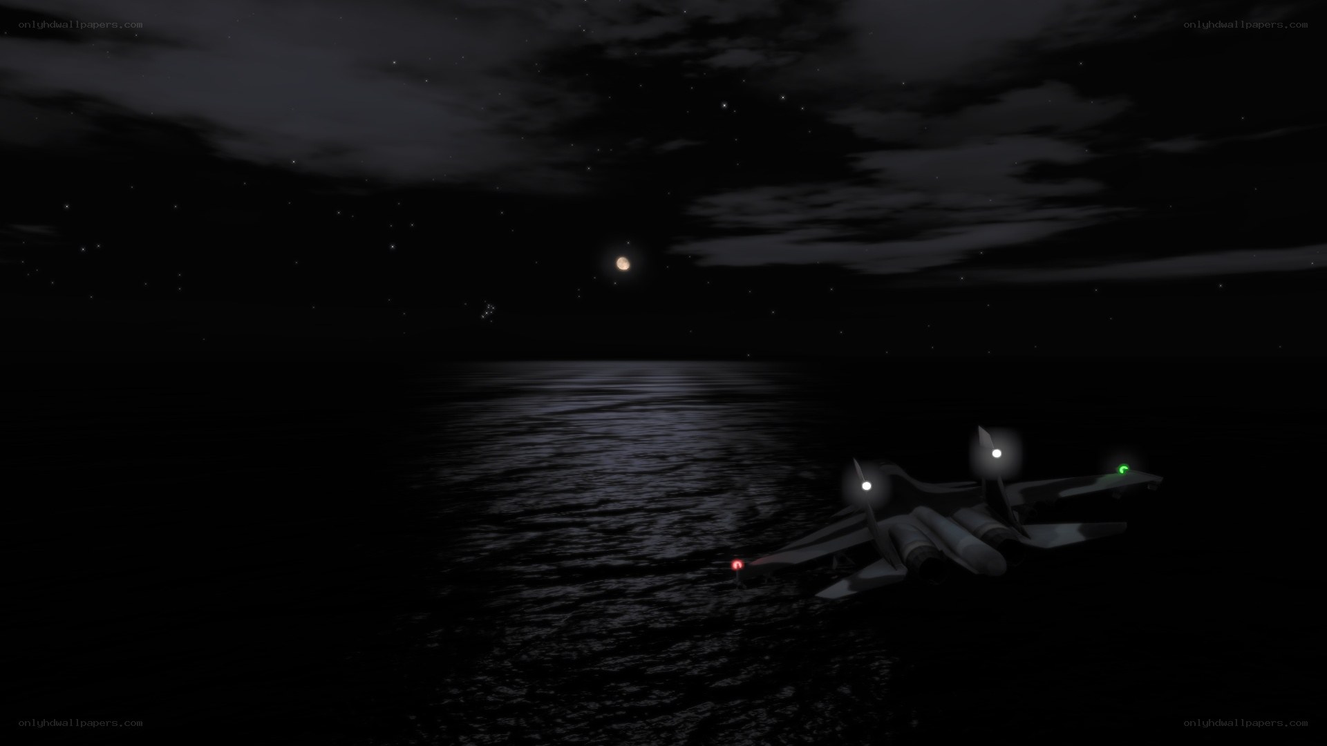Jet over dark water at night