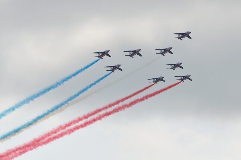 Jet Planes in Formation — Red, Dynamic, Photograph, Smoke Trails, Aircraft