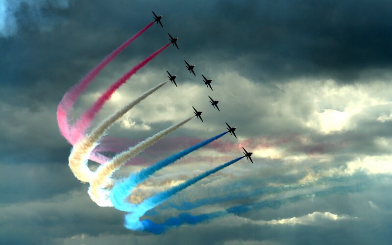 Jet Planes Performing Aerobatics — Blue, Dramatic, Afternoon, Photograph, Smoke Trails