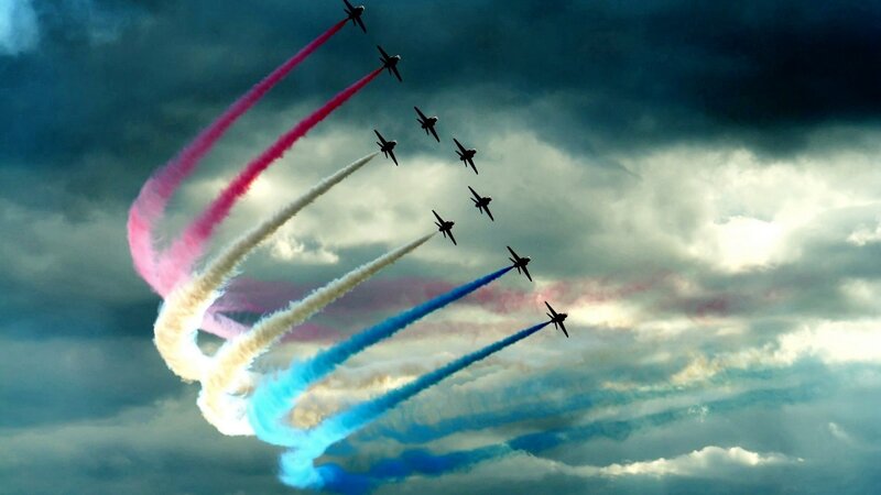 Jet Planes Performing Aerobatics — Blue, Dramatic, Photograph