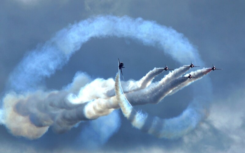 Jet Planes Performing Aerobatics — Blue, Dramatic