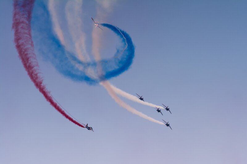 Jet Planes Performing Aerobatics — Blue, Dynamic, Afternoon