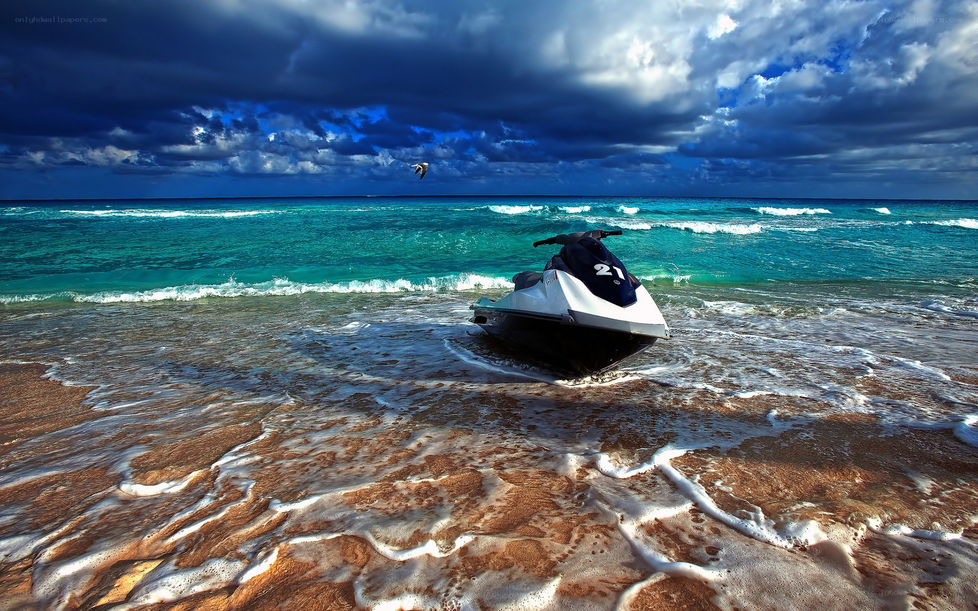 Jet ski on a stormy beach