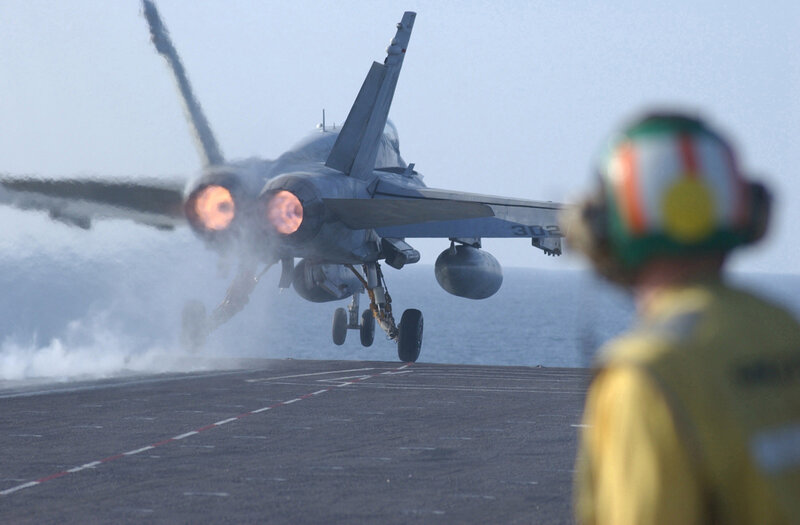 Jet Taking Off from Aircraft Carrier — Gray