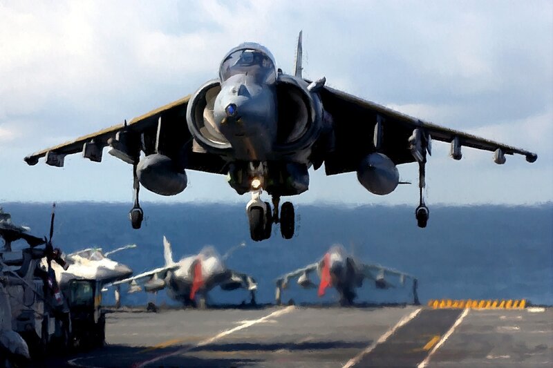 Jet Taking Off from Carrier — Blue