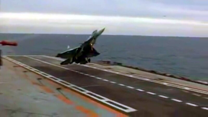 Jet Taking Off from Carrier — Gray