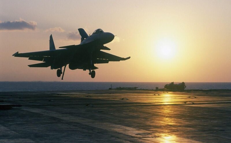 Jet Taking Off from Carrier — Yellow