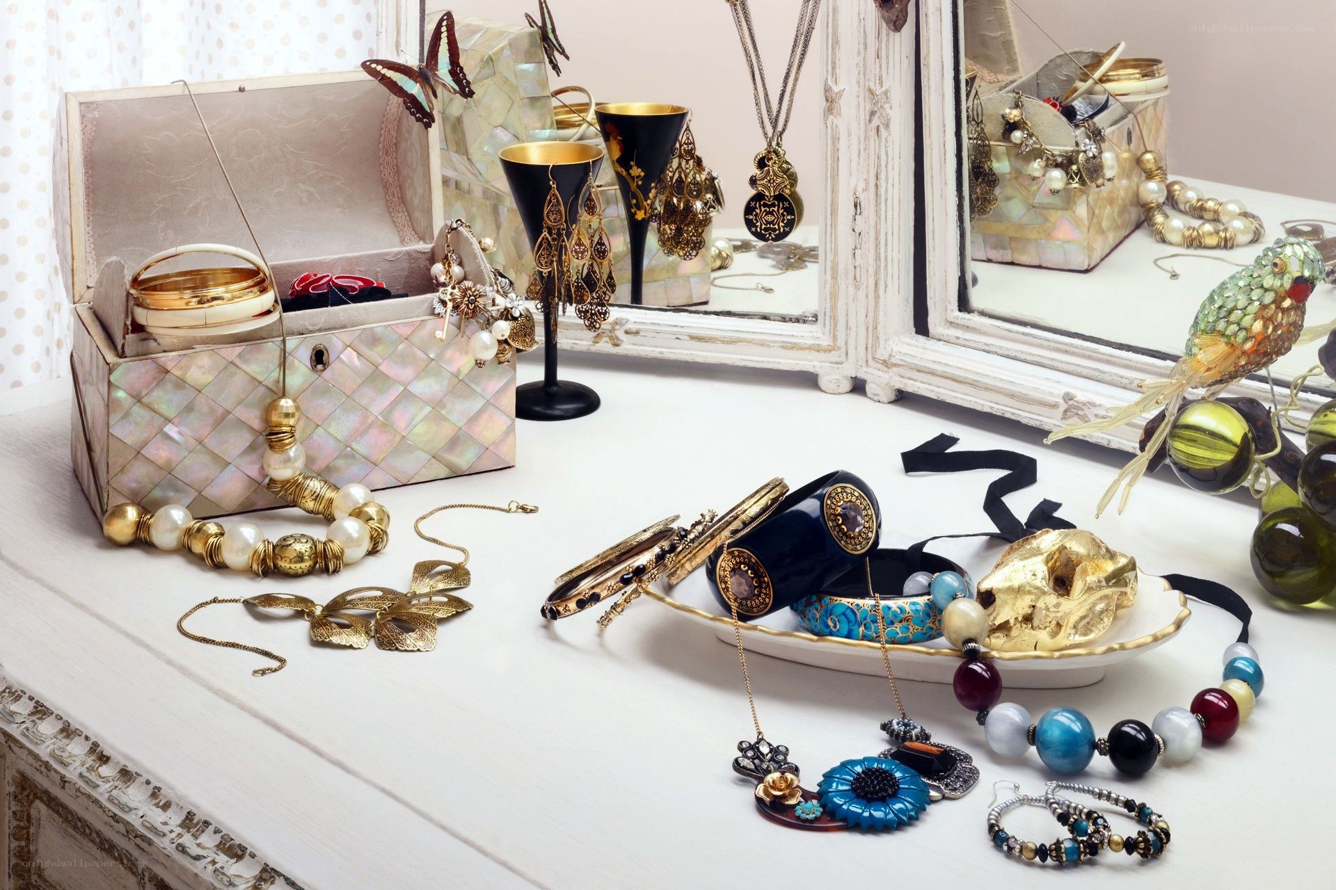 Jewelry collection on vanity