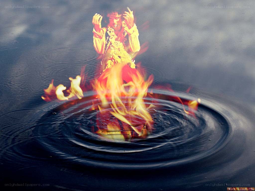 Jimi Hendrix on fire in water