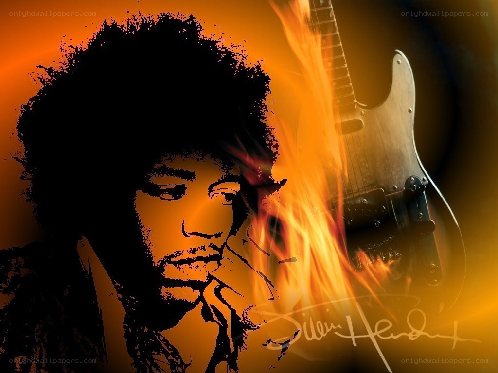 Jimi Hendrix with fiery guitar